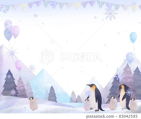 Scandinavian landscape of flags, balloons and mountains, penguins parents and children and snowflake vector white background frame illustration material 83042585