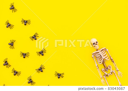 Halloween minimal decorations, composition with many black spiders and skeleton isolated on yellow background. Halloween celebration trick or treat concept. Flat lay top view copy space. 83043087