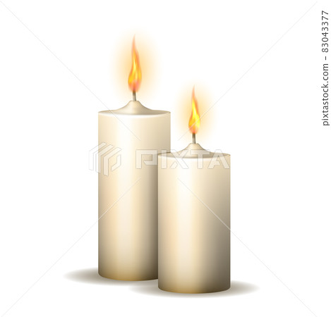Two realistic burning candles isolated on white background. Two realistic burning candles isolated on white background. 83043377