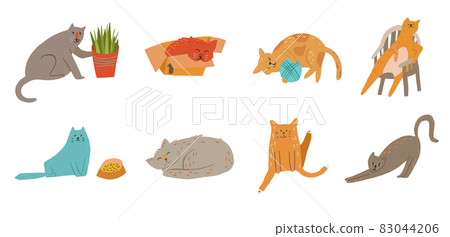Set of eight cats sleeping, knocking off a plant, playing yarn ball, feeding, grooming. Set of eight cats sleeping, knocking off a plant, playing yarn ball, feeding, grooming. 83044206