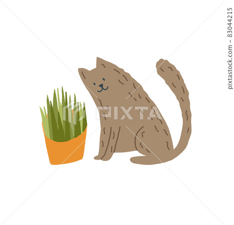 Cute cat sitting with plant or grass sticker vector illustration 83044215