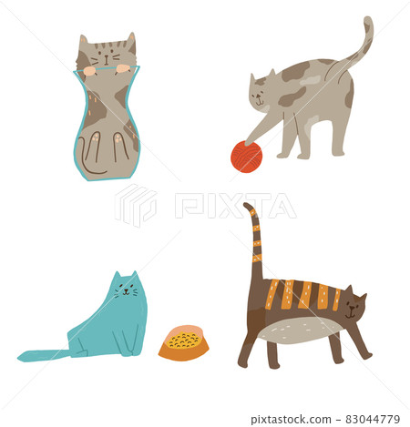 Set of four cats liquid in vase, playing with yarn ball, feeding and walking. Set of four cats liquid in vase, playing with yarn ball, feeding and walking. 83044779