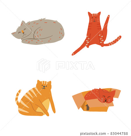Set of cute cats sleeping, sitting leg up, sleeping in box, vector flat cartoon illustration. Set of cute cats sleeping, sitting leg up, sleeping in box, vector flat cartoon illustration. 83044788