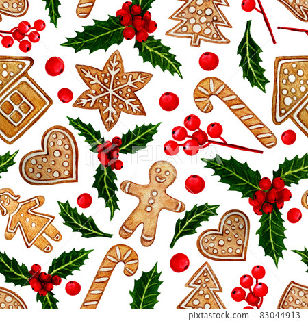 Watercolour Christmas pattern, red berries, Christmas cookies, white background. Hand drawn illustration, seamless pattern. 83044913