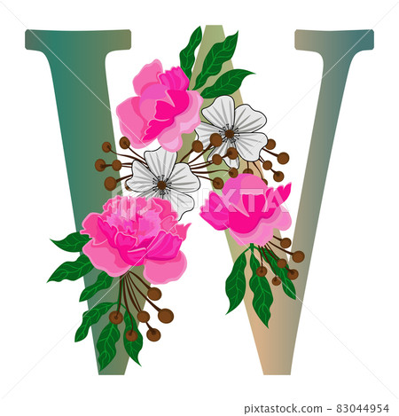 Letter W with flowers, isolated on white background. Isolated object, vector. Letter W with flowers, isolated on white background. Isolated object, vector. 83044954