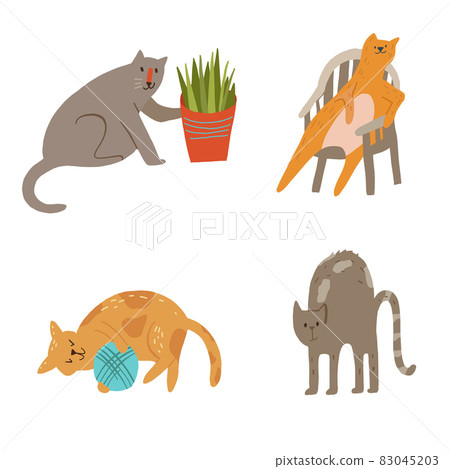 Set of cats knocking off plant, sitting, playing yarn ball, arhcing back. 83045203