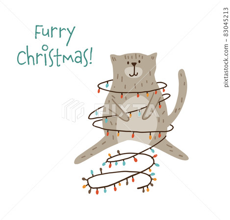 Cute cat sitting like a Christmas tree in garland holyday card 83045213