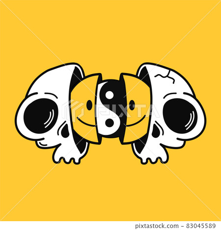 Two half of shull with smile face and Yin Yang inside. Vector hand drawn doodle 90s style cartoon character illustration. Trippy smile face,Yin Yang,skull print for t-shirt,poster,card concept 83045589