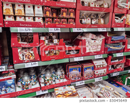 Christmas supermarket sweets on shelf. Christmas supermarket sweets on shelf. 83045649