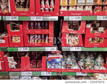 Christmas supermarket sweets on shelf. Christmas supermarket sweets on shelf. 83045650