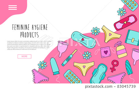 Hand drawn landing page with feminine hygiene products with colorful elements 83045739