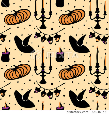 Seamless vector pattern with Halloween elements and colors. Wallpaper, scrapbooking, textie and other surface design. Seamless vector pattern with Halloween elements and colors. Wallpaper, scrapbooking, textie and other surface design. 83046143