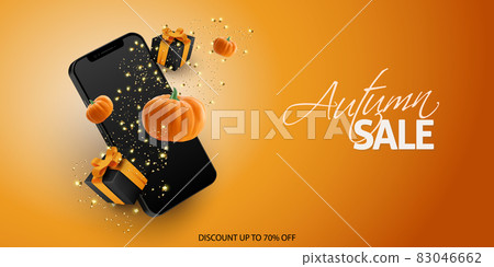 Halloween or Thanksgiving sale banner with smartphone confetti gift box and realistic pumpkin on orange background. Copy spase. Vector illustration 83046662