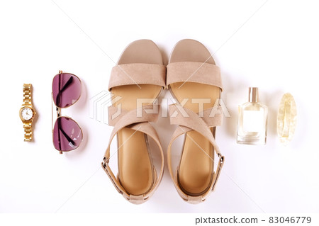 Top view of fashionable feminine medium heeled women's leather shoes of pastel colors on heels / wedge for spring-summer season. 83046779