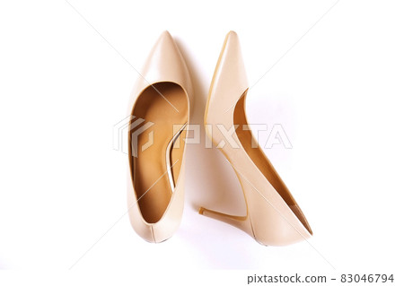 Top view of fashionable feminine medium heeled women's leather shoes of pastel colors on heels / wedge for spring-summer season. 83046794
