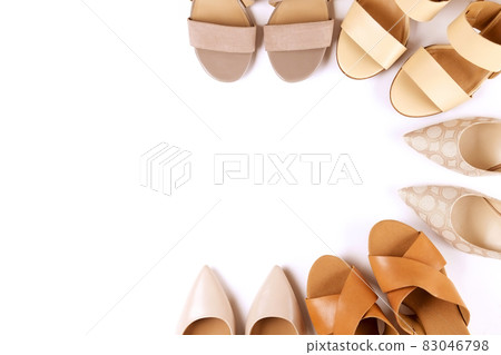 Top view of fashionable feminine medium heeled women's leather shoes of pastel colors on heels / wedge for spring-summer season. Top view of fashionable feminine medium heeled women's leather shoes of pastel colors on heels / wedge for spring-summer season. 83046798