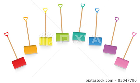 Colored snow shovels, colorful collection of snow plowing service implements, loosely arranged funny winter tools for happy snow shoveling. Isolated vector illustration on white background. 83047796