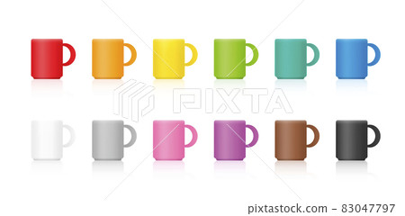 Colored mugs, set of colorful porcelain cups for coffee, hot chocolate, tea or milk. Isolated vector illustration on white background. 83047797