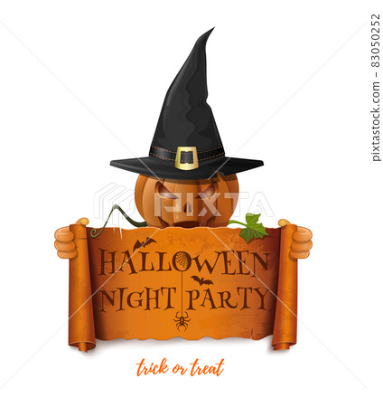 Pumpkin in a witchs hat holds a scroll 83050252