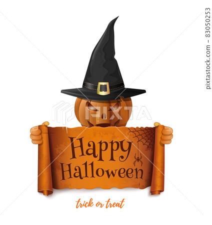 Pumpkin in a witchs hat holds a scroll Pumpkin in a witchs hat holds a scroll 83050253
