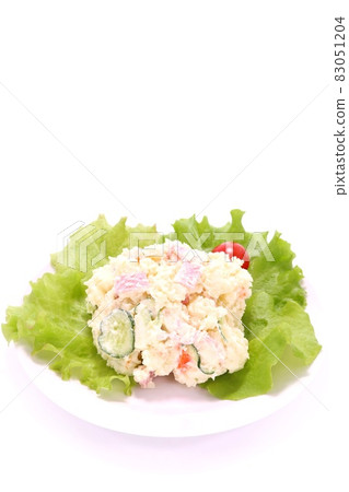 Potato salad potato cucumber ham bright background Potato salad potato cucumber ham bright background 83051204