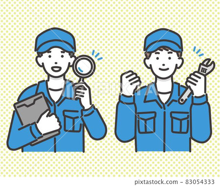 Full-body vector illustration material / maintenance of an auto mechanic holding a wrench and taking a guts pose or holding a magnifying glass Full-body vector illustration material / maintenance of an auto mechanic holding a wrench and taking a guts pose or holding a magnifying glass 83054333