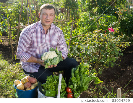 Young man gardener holding basket with harvest of vegetables 83054799