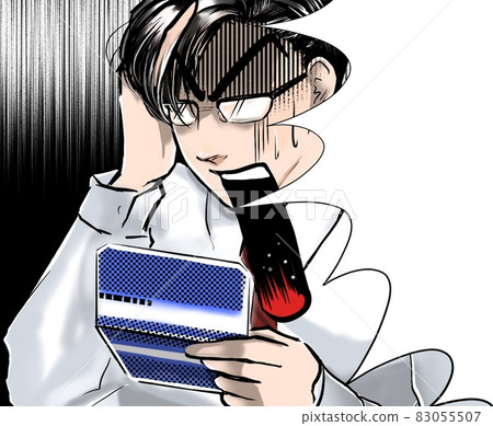 卡通帥氣的眼鏡上班族尖叫著看著一本小存款餘額存摺 83055507