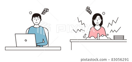 A man who works remotely in a bad mood and a woman who washes dishes in a bad mood 83056291