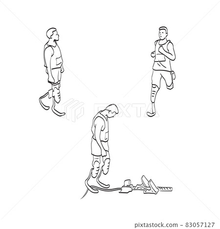 physically disabled male athlete with prosthetic legs illustration vector isolated on white background line art. physically disabled male athlete with prosthetic legs illustration vector isolated on white background line art. 83057127