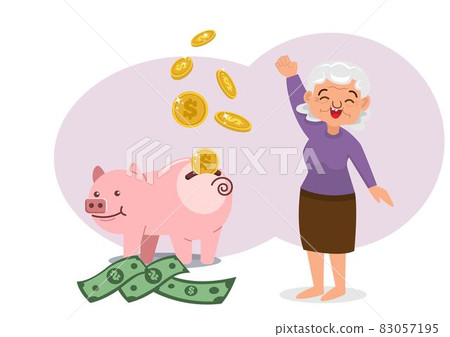 Retirement Savings Ideas old woman character saving money put in a pink piggy bank flat style cartoon illustration vector 83057195