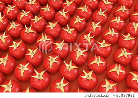 Huge amount of red tomatoes on a red isolated background. Red ripe tomatoes lie next to each other. 3D realistic models of tomatoes. 3D graphics, close-up Huge amount of red tomatoes on a red isolated background. Red ripe tomatoes lie next to each other. 3D realistic models of tomatoes. 3D graphics, close-up 83057981
