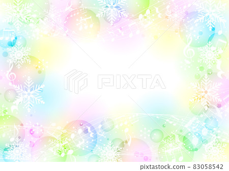 Rainbow-colored fluffy background of snowflakes and musical notes 83058542