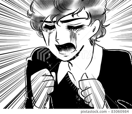 70's Shojo Manga A handsome boy with a natural perm holding a fist and crying 83060984
