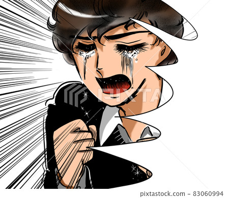 70's Shojo Manga A handsome boy with a natural perm holding a fist and crying 83060994