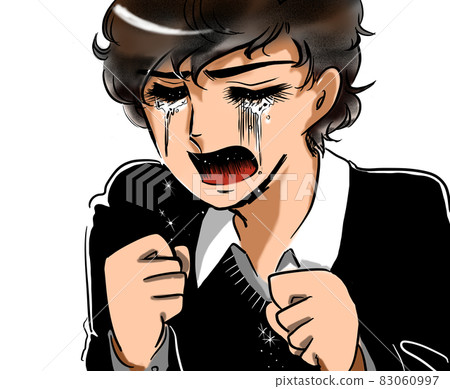 70's Shojo Manga A handsome boy with a natural perm holding a fist and crying 83060997