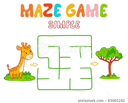 Simple Maze puzzle game for children. Color simple maze or labyrinth game with giraffe. Simple Maze puzzle game for children. Color simple maze or labyrinth game with giraffe. 83065282