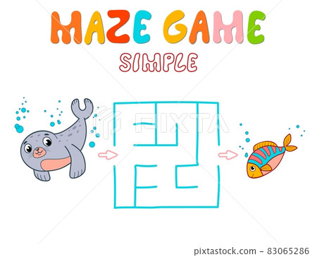 Simple Maze puzzle game for children. Color simple maze or labyrinth game with seal. 83065286