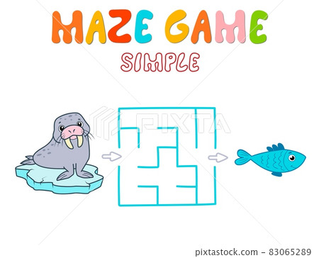 Simple Maze puzzle game for children. Color simple maze or labyrinth game with walrus. 83065289