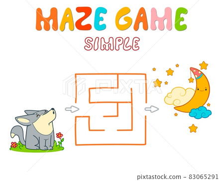 Simple Maze puzzle game for children. Color simple maze or labyrinth game with wolf. 83065291