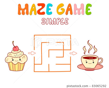Simple Maze puzzle game for children. Color simple maze or labyrinth game with cake and tea. 83065292