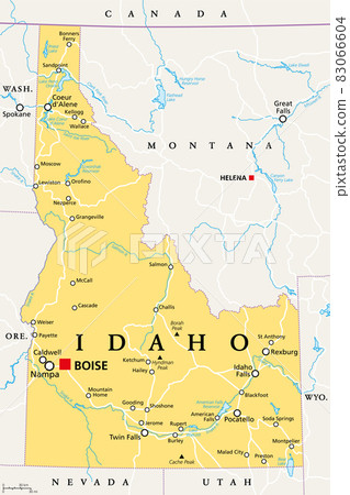 Idaho, ID, political map with the capital Boise, borders, important cities, rivers and lakes. State in the Pacific Northwest region of the Western United States of America, nicknamed Gem State. Vector 83066604