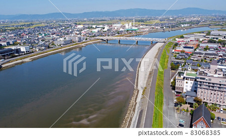 Drone aerial view of Chikugo River and Morotomi Bridge Drone aerial view of Chikugo River and Morotomi Bridge 83068385