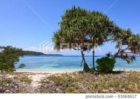 Tropical Asian beach with white sand, turquoise ocean against blue sky with clouds Tropical Asian beach with white sand, turquoise ocean against blue sky with clouds 83068617