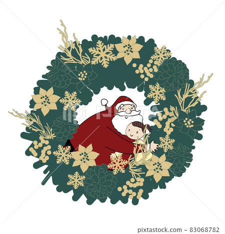 Girl hugging Santa Claus Christmas wreath Girl hugging Santa Claus Christmas wreath 83068782