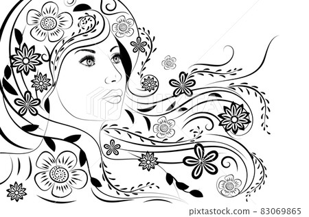 Floral girl portrait in black and white Floral girl portrait in black and white 83069865