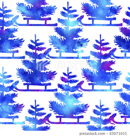 XMAS watercolor Pine Tree and Sleigh Seamless Pattern in Blue Color. Hand Painted fir tree background or wallpaper for Ornament, Wrapping or Christmas Gift 83071031