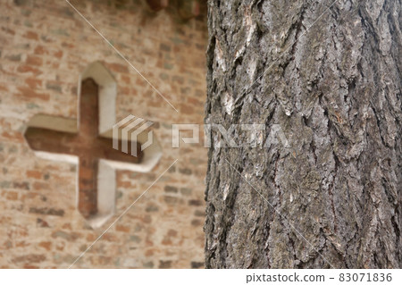 Brick wall of old chapel at cemetery in Finland. Brick wall of old chapel at cemetery in Finland. 83071836