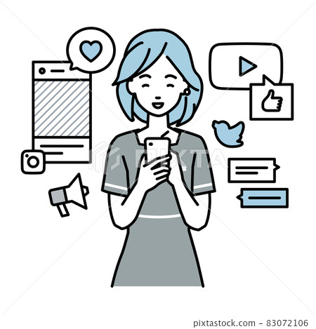 一個站起來用智能手機在各種SNS上愉快互動的女美容院店員 一個站起來用智能手機在各種SNS上愉快互動的女美容院店員 83072106