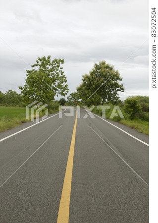 Curved road,trees and grass on roadside. landscape with sky Curved road,trees and grass on roadside. landscape with sky 83072504